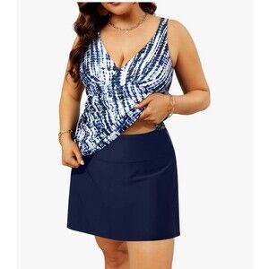 Daci Plus Size Tankini Swimsuit Skirt 2 Pc Tummy Control Ruched blue tie dye 20W